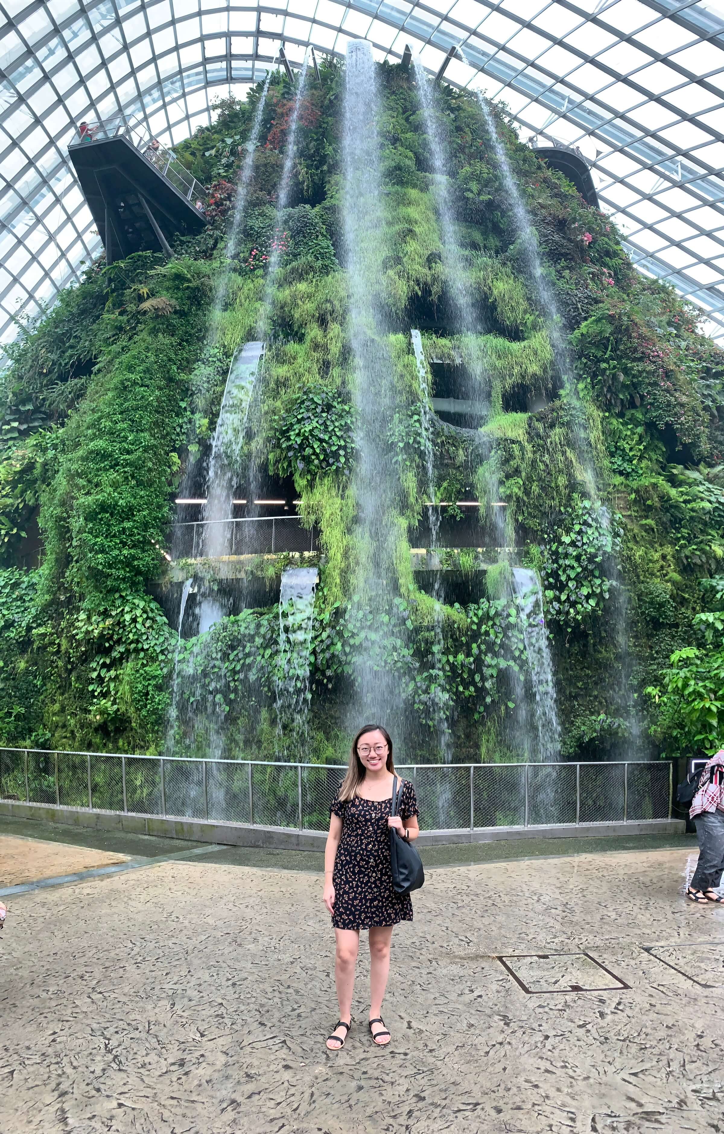 A student in front of a waterfall